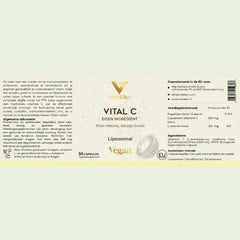 Vital C – etykieta suplementu z opisem produktu, liposomalna witamina C 500mg, 30 kapsułek wegańskich